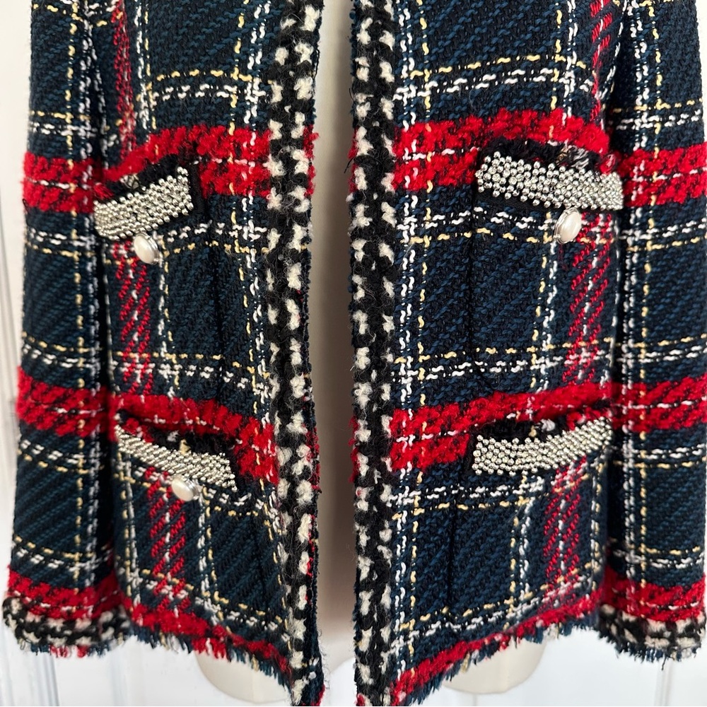 Zara Navy Black Red Plaid Bouckle Tweed Pearl Beaded Trim Blazer Jacket Size L❤️ - Picture 5 of 15